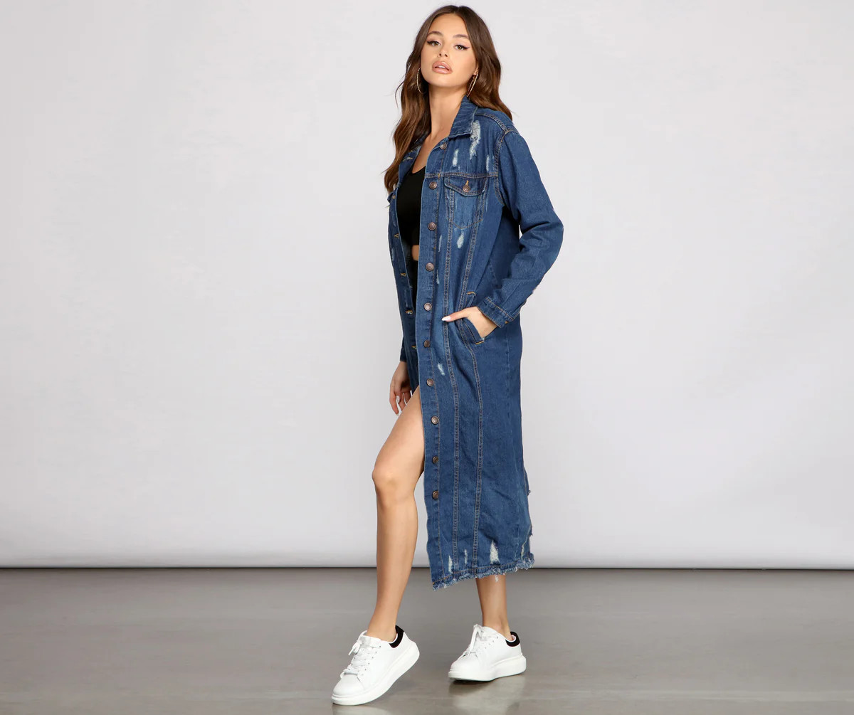 Level Up Destructed Long Line Denim Jacket | Windsor Stores