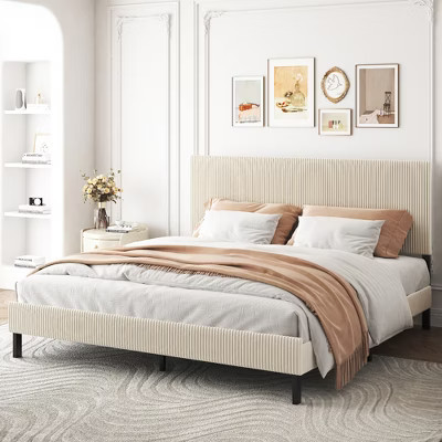 King Size Bed Frame with Upholstered Headboard,Stable Structure,Easy Assembly,Simple Elegant Style,Beige | Target