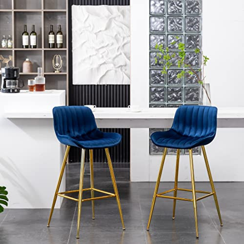 Sidanli Velvet Blue Bar Stools, 29 Inch Upholstered Island Stools with Footrests, Gold Bar Chairs for Home, Kitchen Island, Dining Room | Amazon (US)