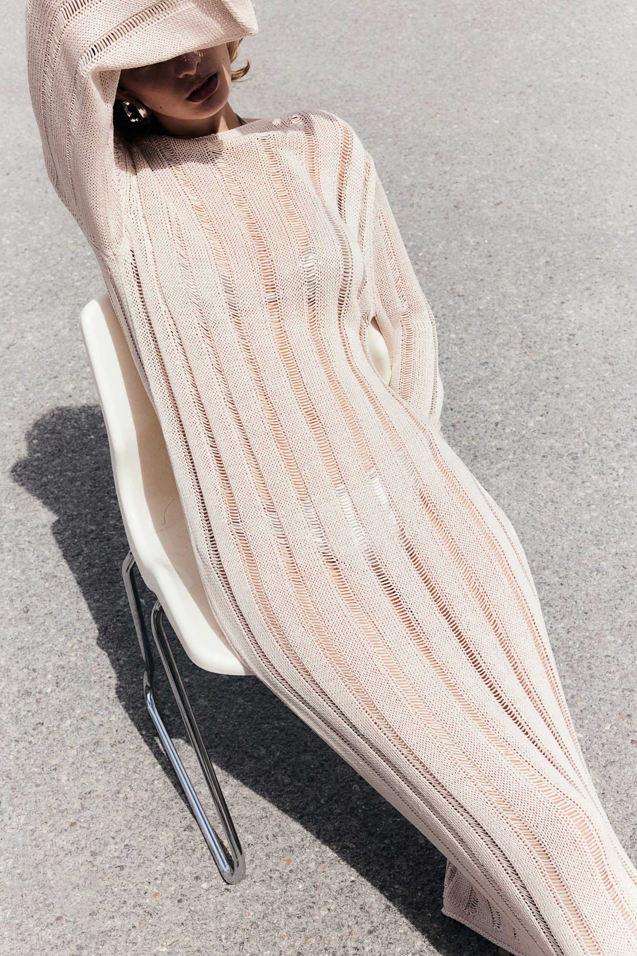 Ladder-stitch-look Knit Dress - Boat Neck - Long sleeve - Light beige - Ladies | H&M US | H&M (US + CA)