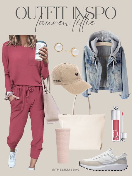 Casual Valentine’s Day outfit. Matching loungewear set. Hooded denim jacket. Airport style. Travel outfit. Heart baseball cap. Pearl stud earrings. Travel tote. Athleisure. Tumbler. Lip gloss Nike sneakers  

#LTKstyletip #LTKtravel #LTKunder50