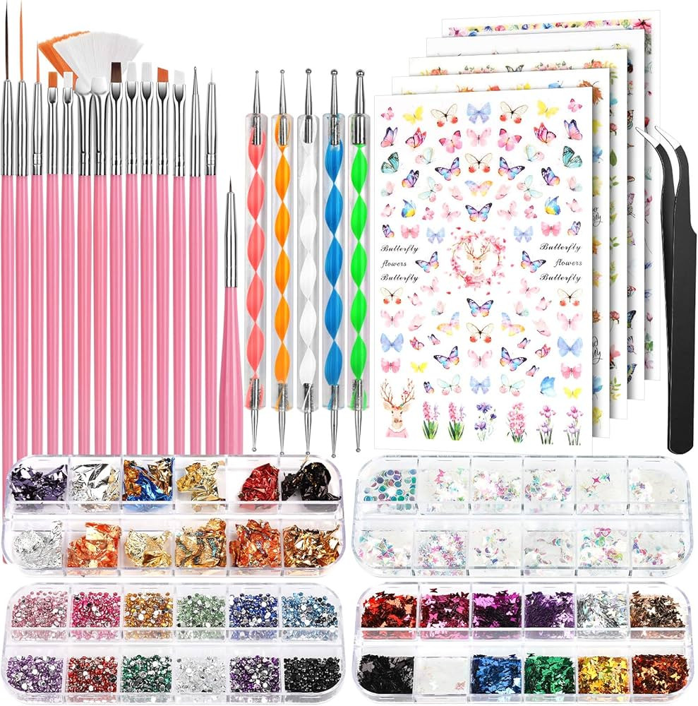 FANDAMEI Nail Art Brushes Set, Nail Art Kit, Nail Design Kit, Nail Art Dotting Pens, Nail Sticker... | Amazon (US)