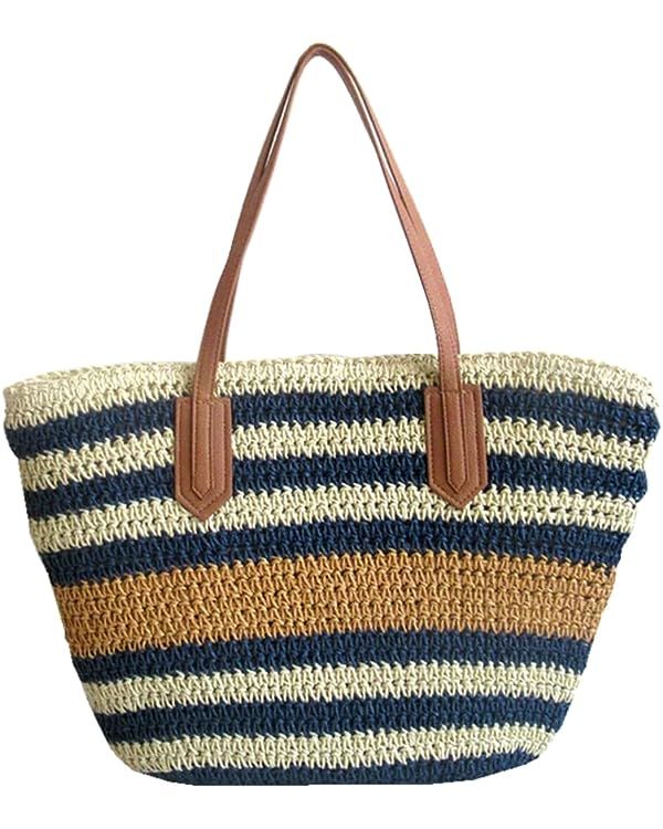 Straw Beach Tote Bag Summer Woven Shoulder Bag Purse with Zipper, Stripe Navy | Amazon (US)