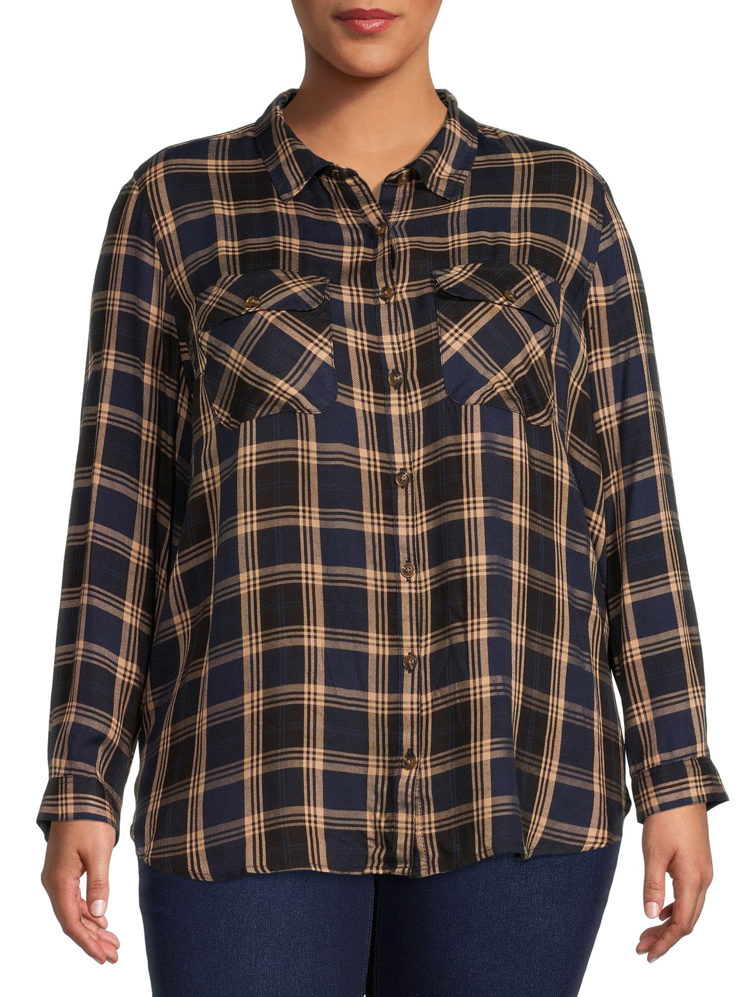 Terra & Sky Women's Plus Size Button-Up Shirt with Long Sleeves - Walmart.com | Walmart (US)