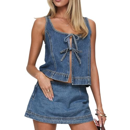 Molilove Women's 2 Piece Denim Outfits Tie Up Sleeveless Top Shorts Set Tracksuit Y2k Two Piece J... | Amazon (US)