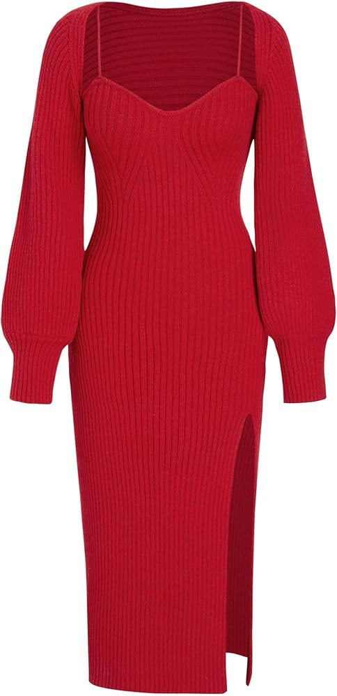 CIDER 2 Piece Sweater Dresses for Women Winter Slit Long Sleeve Womens Midi Dress Pullover Bodyco... | Amazon (US)