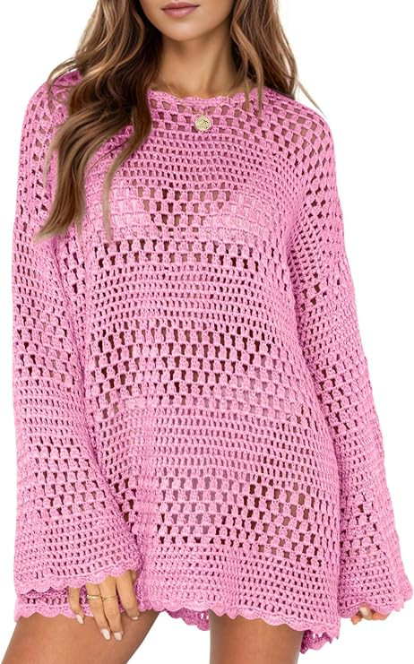 Saodimallsu Womens Crochet Swimsuit Cover Up Summer Bathing Suit Long Sleeve Mesh Knit Pullover B... | Amazon (US)