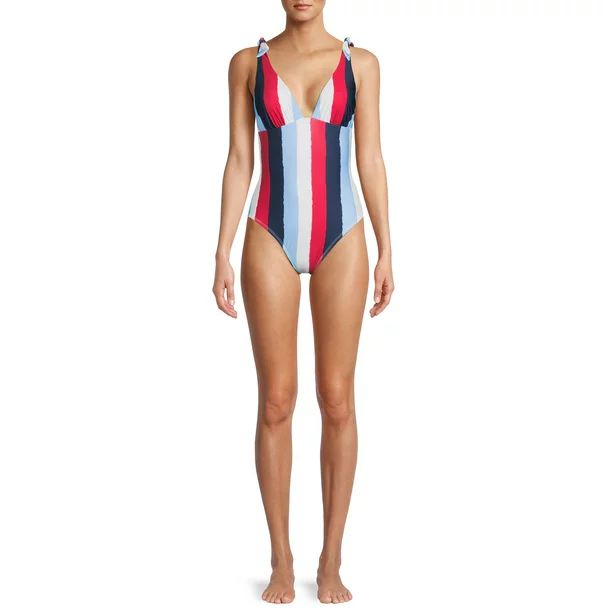 Social Angel Women's Tie Shoulder Plunge Stripe One-Piece Swimsuit | Walmart (US)