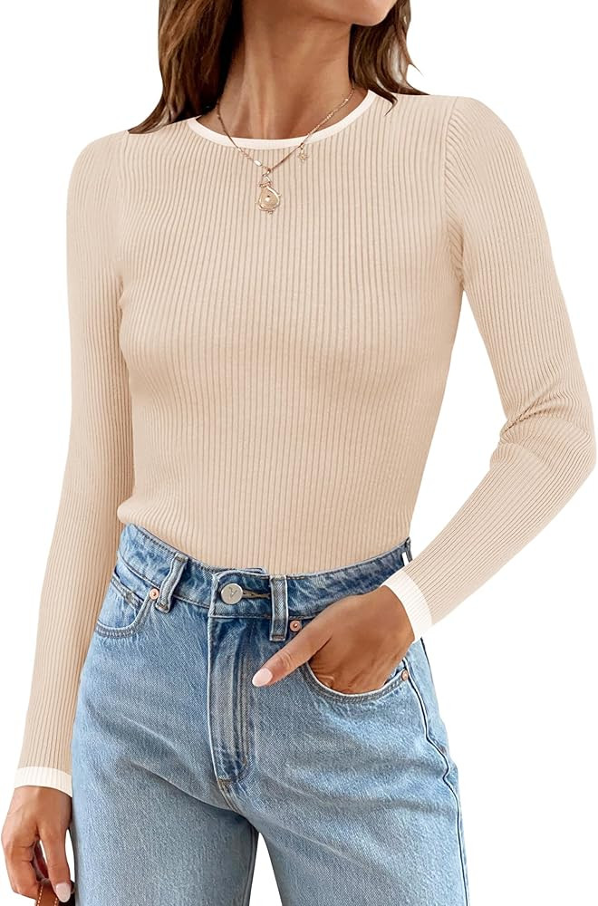 ZESICA Women's Long Sleeve Crewneck Shirts 2026 Spring Ribbed Knit Sweater Slim Fitted Casual Bas... | Amazon (US)