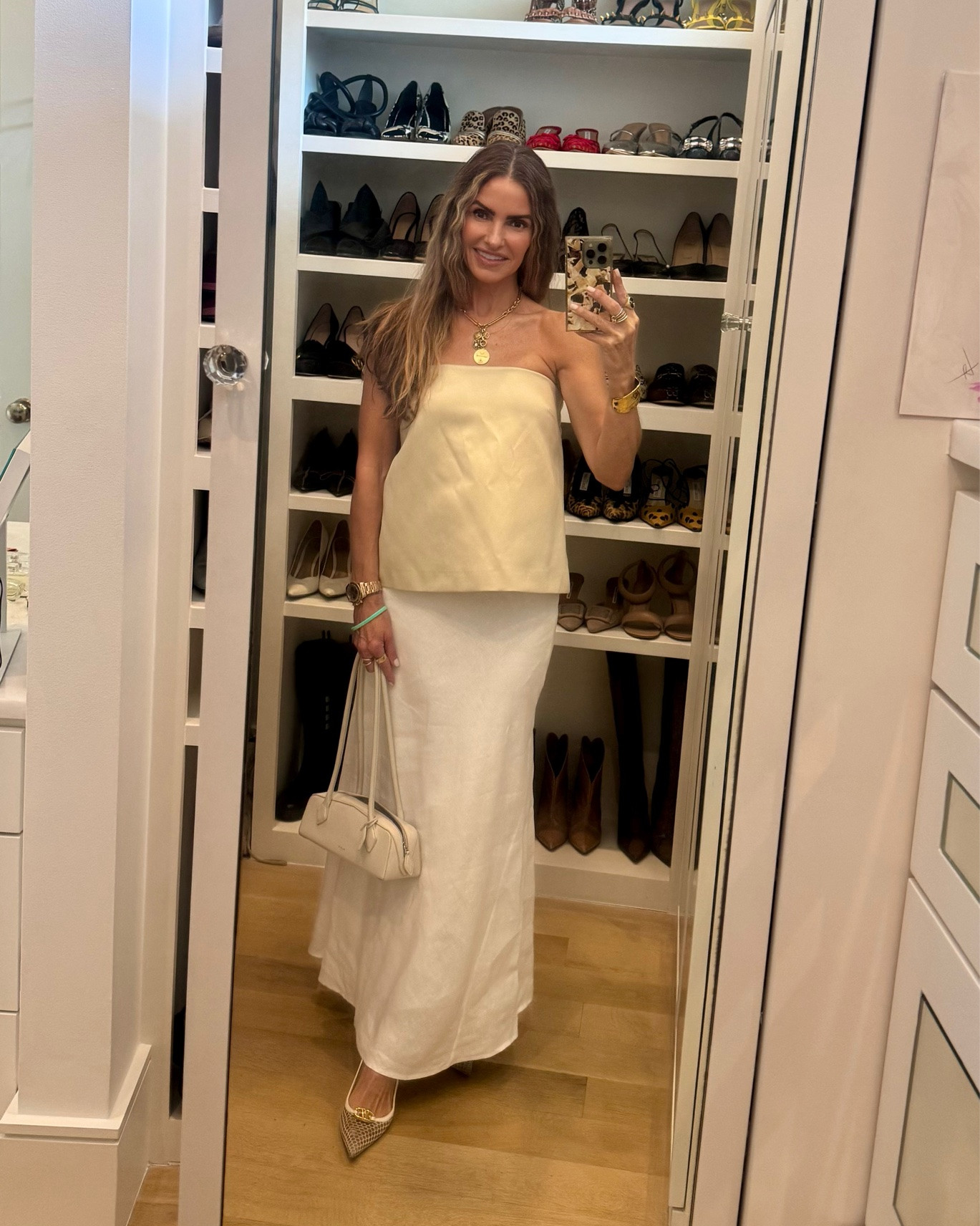such an amazing day off to celebrate my ava getting her white coat, followed by dinner at neighborhood sushi & then for my audrey to celebrate her 24th bday w sweet friends🤍 my heart is full! 

shop my beautiful monochromatic look gorgeous strapless top, linen skirt (i have in sm colors), bag & kitten heels too! 

top runs tts 2/xs skirt tts wearing a 2

#LTKdayinmylife #LTKWedding #LTKSaleAlert