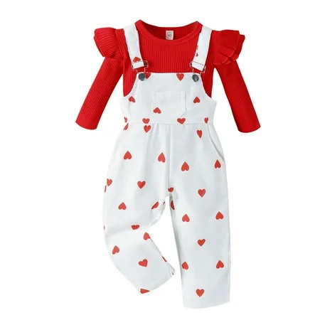 Toddler Girls Long Sleeve Girl Clothes 4T Valentine s Day Heart Prints 2T Girls Outfits Ribbed Pullover Tops Suspenders Girls Outfits Size 6 Pants Outfits | Walmart (US)