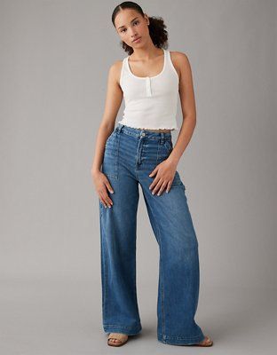 AE Dreamy Drape Stretch Curvy Super High-Waisted Baggy Wide-Leg Jean | American Eagle Outfitters (US & CA)