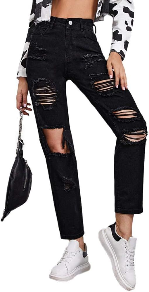 SweatyRocks Women's Distressed Ripped Jeans High Waist Denim Pants with Pocket | Amazon (US)