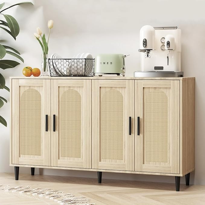 Sideboard Buffet Cabinet - Rattan Sideboard Kitchen Cabinet with 4 Doors, Accent Sideboard Cabine... | Amazon (US)
