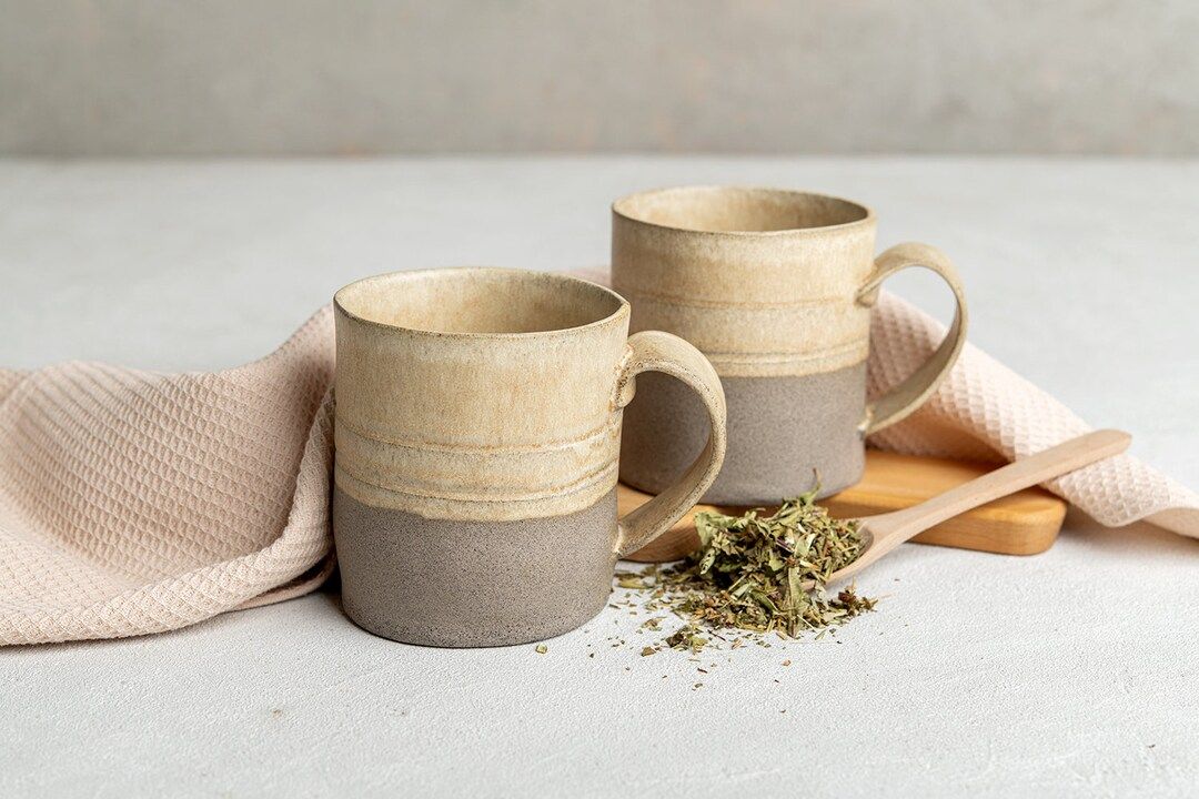 Cream-Beige & Gray Stoneware Handmade Tea Mug Set, TWO 13.5 Oz Hand-Thrown Pottery Large Mugs, Ru... | Etsy (CAD)