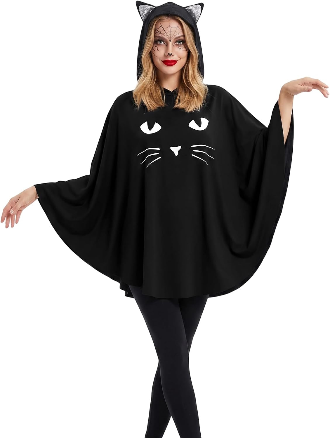 Black Cat Costume for Women, Glow in the Dark Halloween Poncho Hooded Cloak for Cosplay Themed Party | Amazon (US)