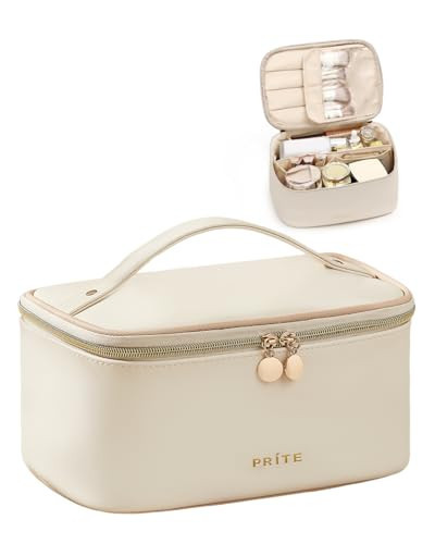 Prite Makeup Bag, Large Capacity Portable Travel Cosmetic Bag, Waterproof Makeup Organizer for Women with Handle and Divider (001 Beige) | Amazon (US)