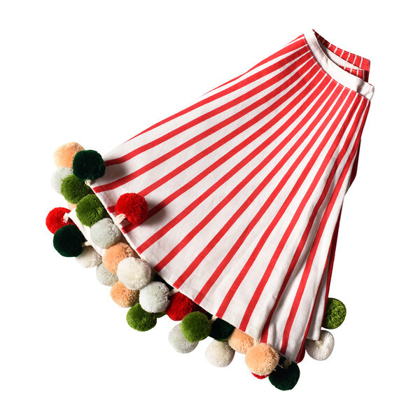 Striped Tree Skirt With Pom Poms, Red | Maisonette