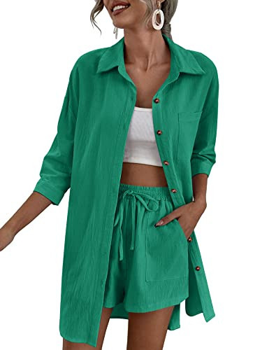 Zeagoo Women’s 2 Piece Casual Sets Tracksuits Outfits Sets Relaxed Long Sleeve Shirt Loose High Waisted Side Pocket Shorts Set Green X-Large | Amazon (US)