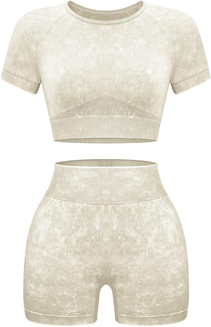 OLCHEE Womens Workout Sets 2 Piece - Seamless Acid Wash Yoga Outfits Shorts and Crop Top Matching... | Amazon (US)