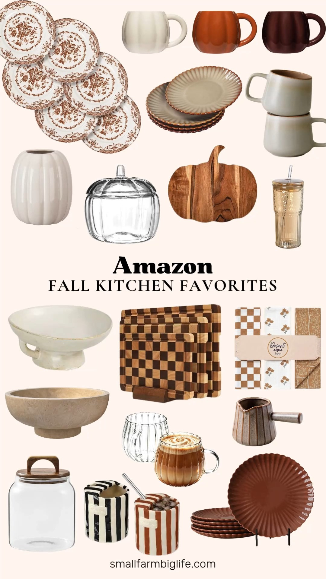 These fall kitchen favorites from Amazon are such an easy way to cozy up your space for fall decor and everyday use.

For coffee and tea, the sage ash Ava Nord Stoneware Mugs, the brown and cream and black and cream Striped Coffee Mugs with a sip hole, and the Sweet Water Decor Pumpkin Coffee Mugs in brown, orange, and cream are all such fun, seasonal picks. The Dark Agate Red Espresso Cup and the amber Joeyan Ribbed Glass Tumblers round out the drinkware nicely.

For serving, the tan and brown Reaction Glaze Dinner Plates, the melted caramel WENSHUO Daisy Plates, and the brown Floral Salad Plates all bring a warm, earthy tone to the table. The Creative Co-Op White Stoneware Bowl and the beige Large Decorative Stone Fruit Bowl are both great everyday serving pieces.

For fall specific decor, the Beeveer Ceramic Pumpkin Vase, the Halloween Pumpkin Cutting Board, the Clear Pumpkin Glass Mugs, and the embossed 70 oz Pumpkin Jar all bring festive, seasonal charm to any kitchen counter.

Rounding things out, the caramel brown and white Waffle Kitchen Towels, the Checkered Cutting Board Set, and the Sweejar Glass Laundry Jars are all practical, pretty additions for everyday kitchen use.

So many cozy pieces to shop for fall decor this season, all linked for you.

#amazonfashion #falldecor #kitchendecor #fallhome #autumndecor 

 #LTKSeasonal #LTKHome