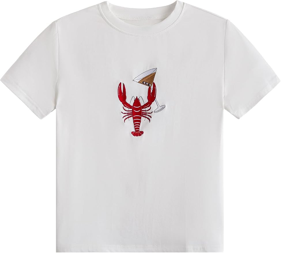 Verdusa Women's Lobster Embroidery Funny Shirts Short Sleeve Graphic Tees Summer Tops | Amazon (US)
