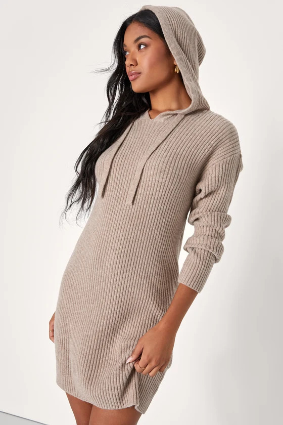 Snuggly Option Heather Taupe Hooded Mini Sweater Dress | Lulus