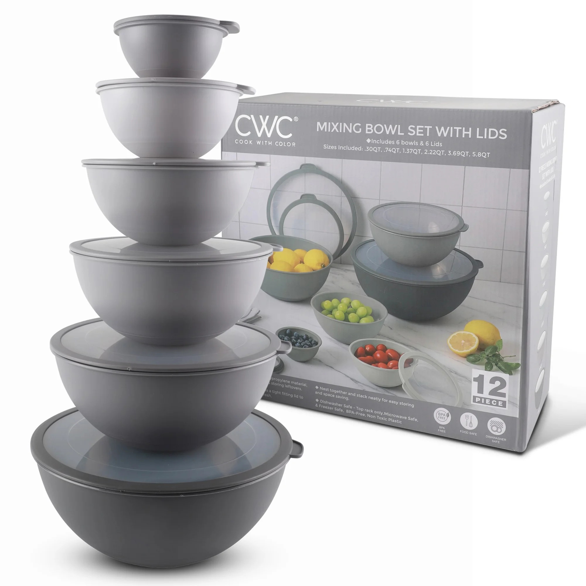 Cook with Color 12-Piece Mixing Bowl Set with Non-Slip Silicone Base and Transparent Lids, Gray | Walmart (US)