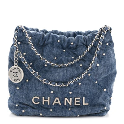 Chanel Washed Denim Quilted Studded Mini Chanel 22 Blue | FASHIONPHILE (US)