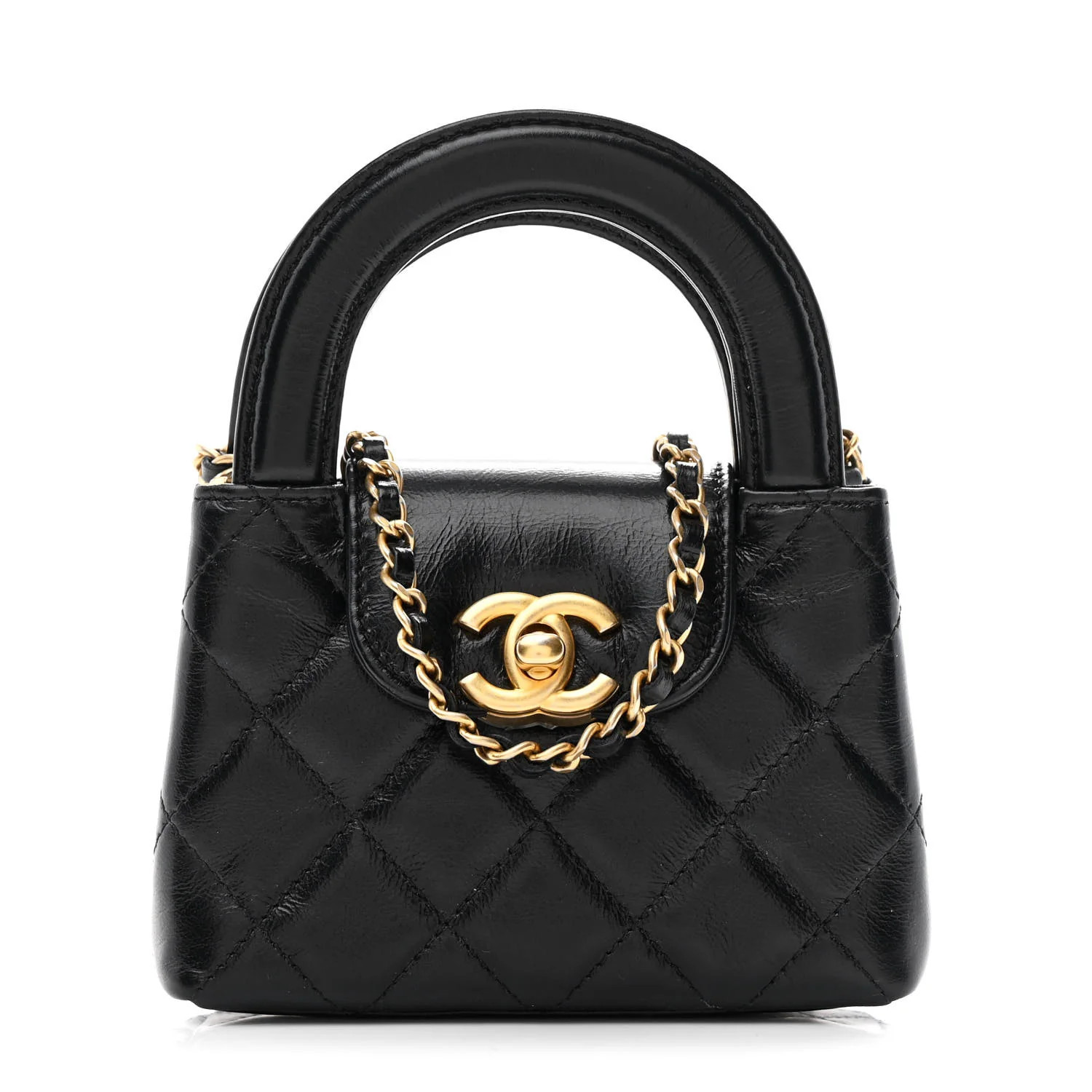 Shiny Aged Calfskin Quilted Mini Nano Kelly Shopper Black | FASHIONPHILE (US)