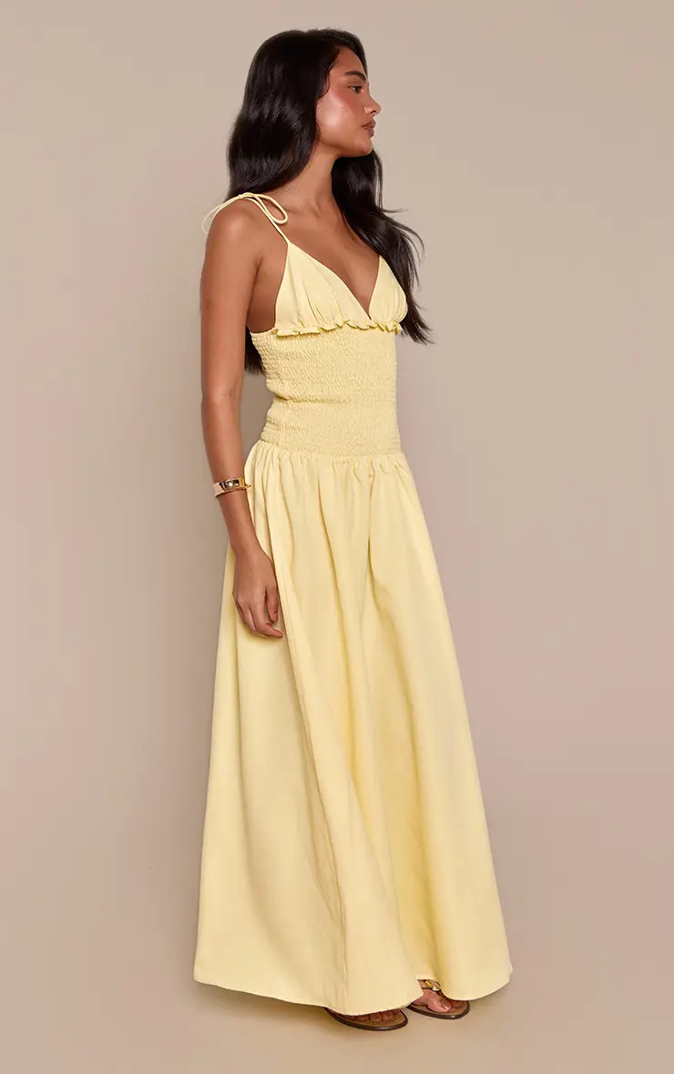 Lemon Woven Shirred Waist Strappy Maxi Dress | PrettyLittleThing US