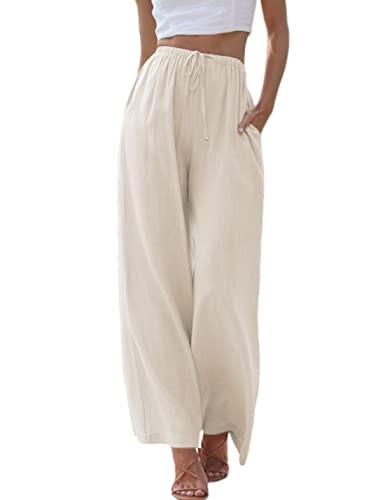 Tanming Wide Leg Linen Pants for Women Summer Flowy High Waisted Beach Palazzo Trousers (Apricot-S) | Amazon (US)