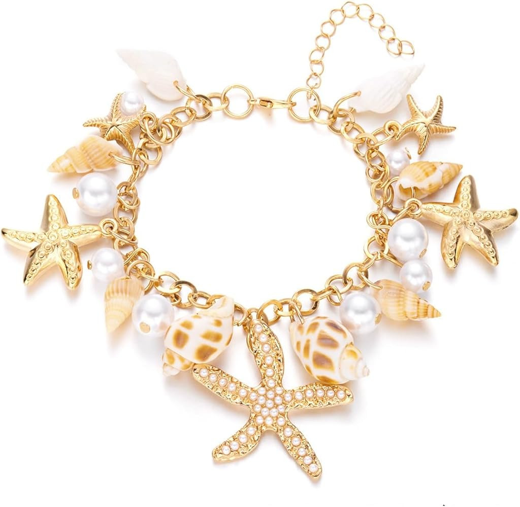 Shell Starfish Bracelet Seahorse Conch Starfish Sea Shell Pearls Charm Stone Bracelet Statement B... | Amazon (US)