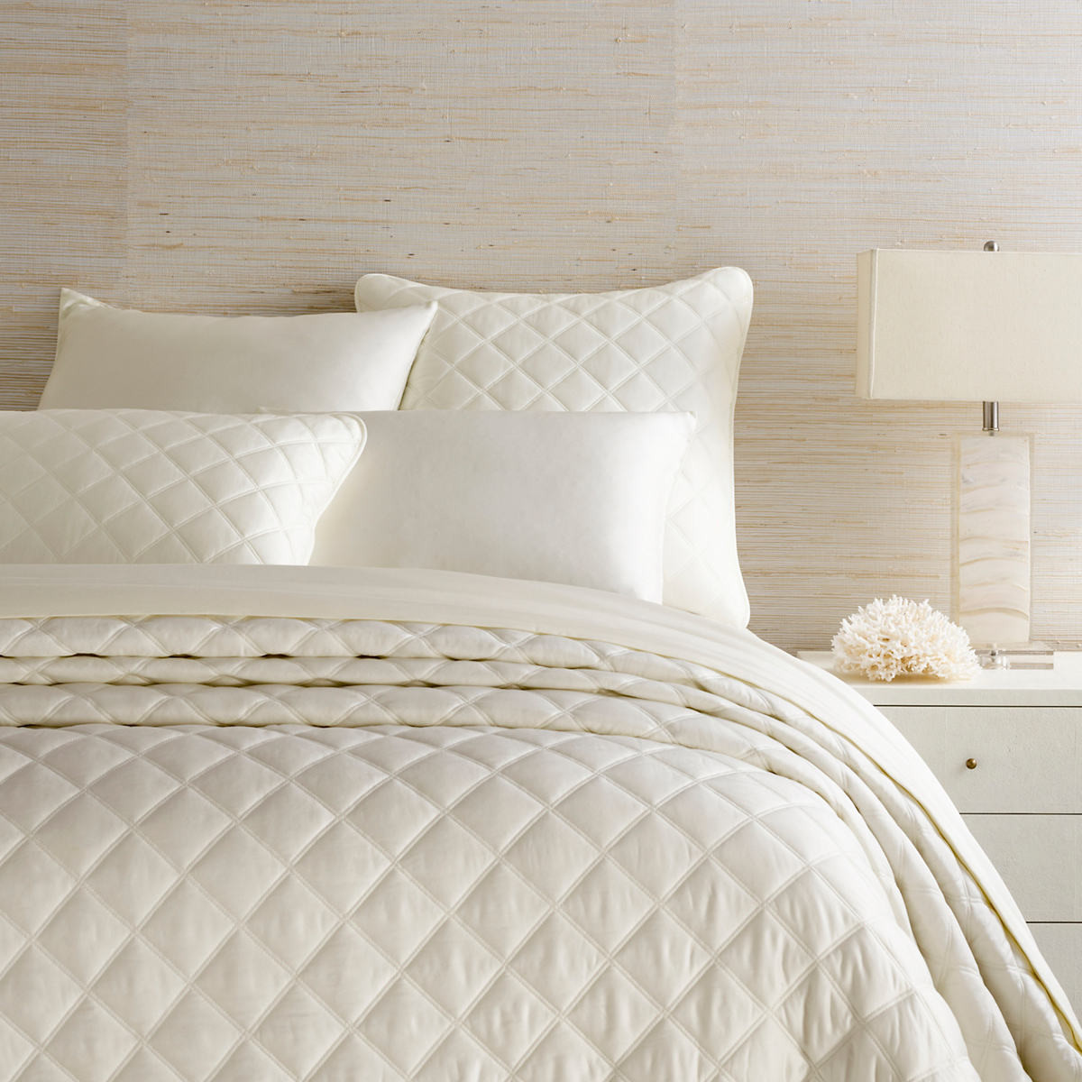 Quilted Silken Solid Ivory Coverlet | Annie Selke