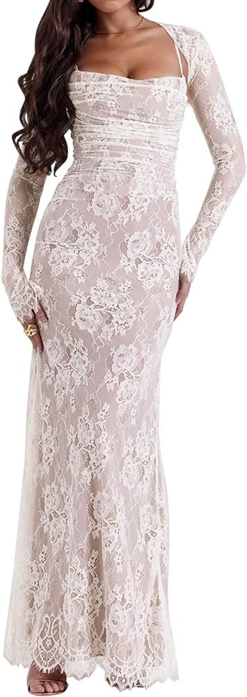 Women Cami Lace Maxi Dress Romantic Long Sleeve Lace Bodycon Dresses Elegant | Amazon (US)