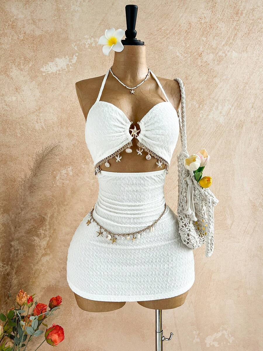 Soleia Women's White Summer Casual Holiday Vacation V-Neck Starfish Metal Decor Backless Textured... | SHEIN