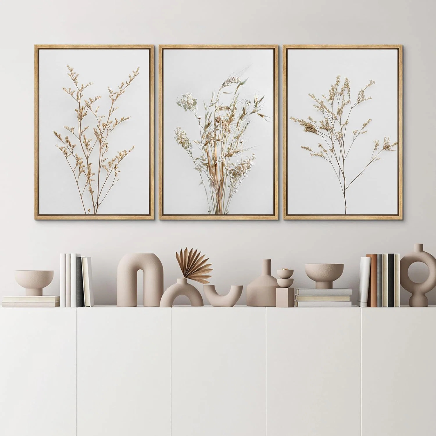 Wildflower Floral Botanical Neutral Boho Minimalist Framed Canvas 3 Pieces Pictures Print Wall Ar... | Wayfair North America
