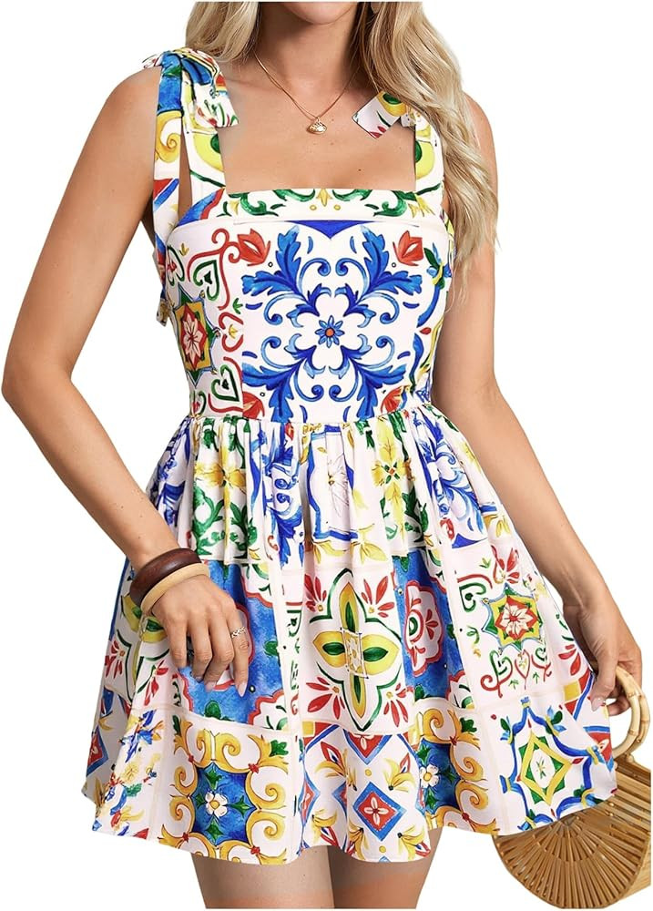 MakeMeChic Women's Summer Floral Mini Dress Shirred Tie Shoulder Sleeveless A Line Short Cami Sun... | Amazon (US)