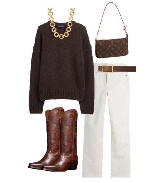 Fall outfit 
Chocolate brown sweater 
White jeans 
Cowboy boots outfit 
Thanksgiving outfit

#LTKFindsUnder100 #LTKSeasonal #LTKStyleTip