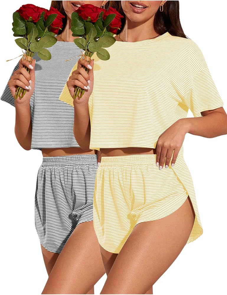 OYOANGLE 2 Pack Summer Pajama Set for Woman Striped Short Sleeve Tshirt and Split Shorts Cute PJ Sets Loungewear | Amazon (US)