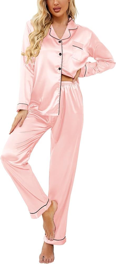 Ekouaer Silk Pajama Set For Women Premium Satin Nightshirts Long Sleeve Sleepwear Set(02 Pastel P... | Amazon (US)