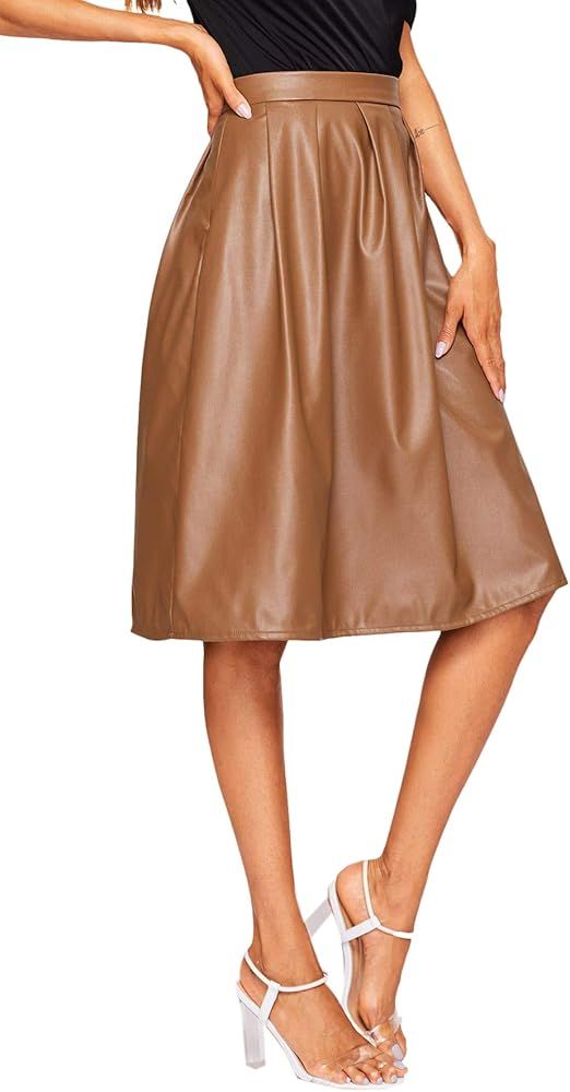 Women's PU Leather Pleated High Waist Midi Skirt | Amazon (US)