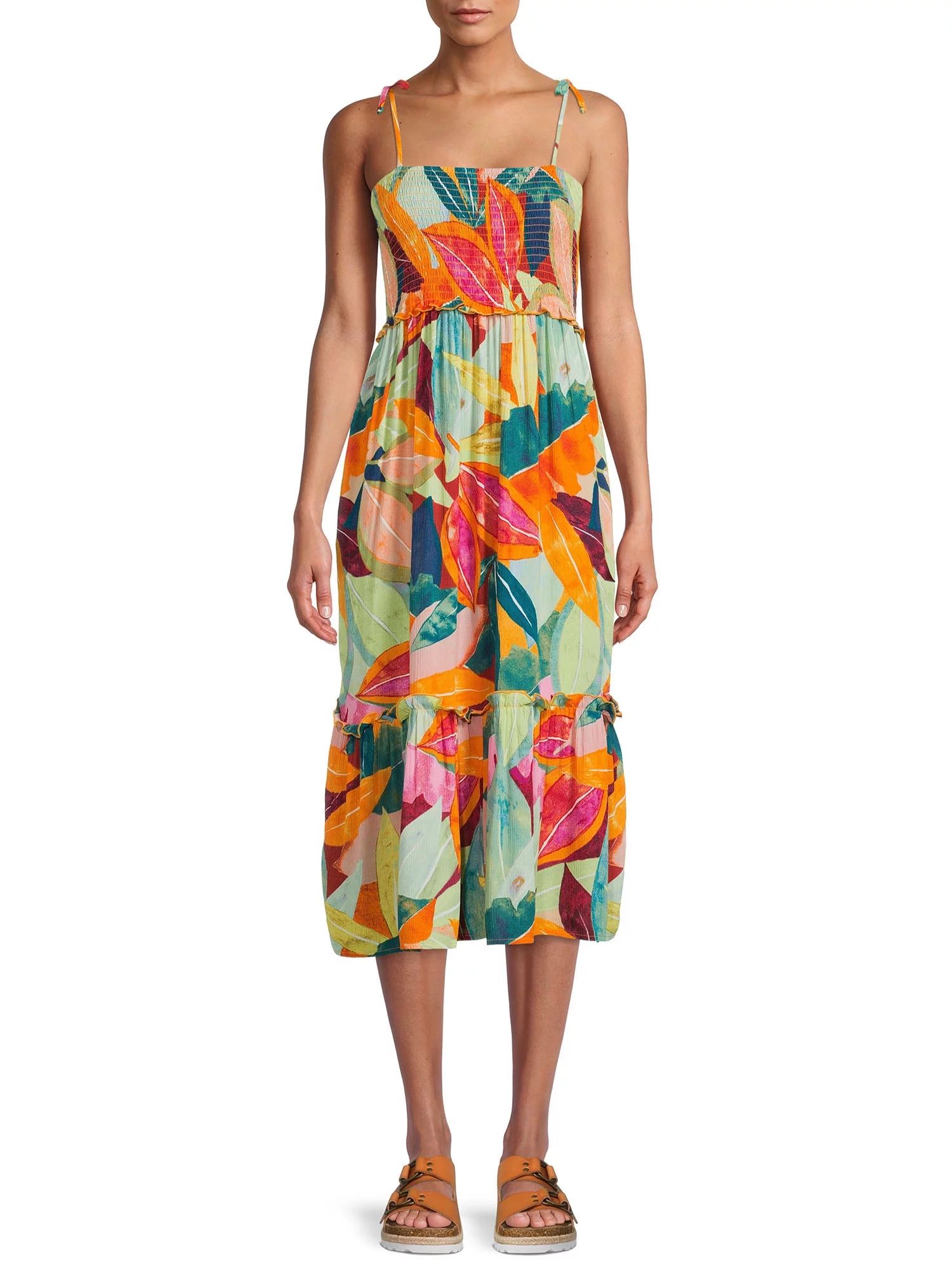 Time and Tru Women's Smocked Tie Shoulder Dress | Walmart (US)