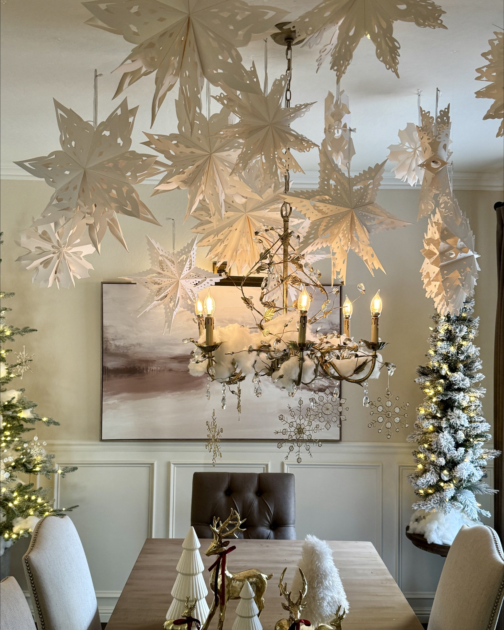 My dining room is a wintry, snowy wonderland theme. 

Snowflakes, hanging snowflakes, paper snowflakes, paper stars, Christmas home decor 

#LTKHoliday #LTKSeasonal #LTKHome