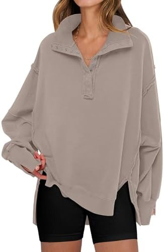 ANRABESS Women's Sweatshirts Oversized Casual Loose Button Up Henley Pullover Top High Low Split ... | Amazon (US)