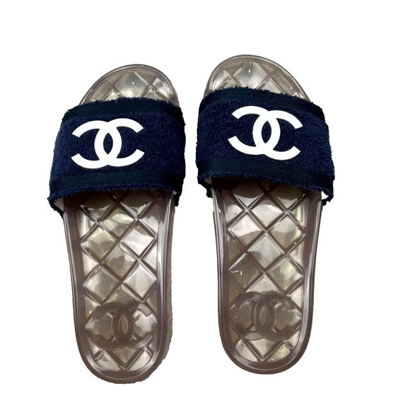 Chanel Terry Pool Women's 39 US 9 Slide Blue Open Toe Casual Slip On Sandal | Poshmark