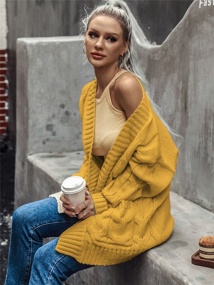 Solid Cable Knit Drop Shoulder Open Front Cardigan | SHEIN