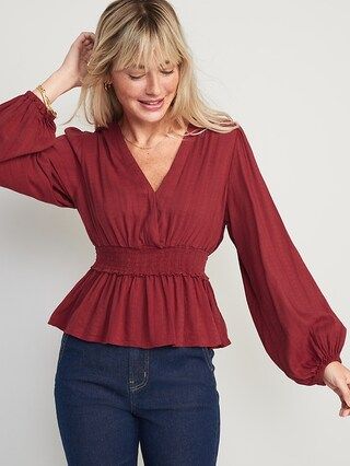 Puff-Sleeve Wrap-Effect Smocked Blouse for Women | Old Navy (US)