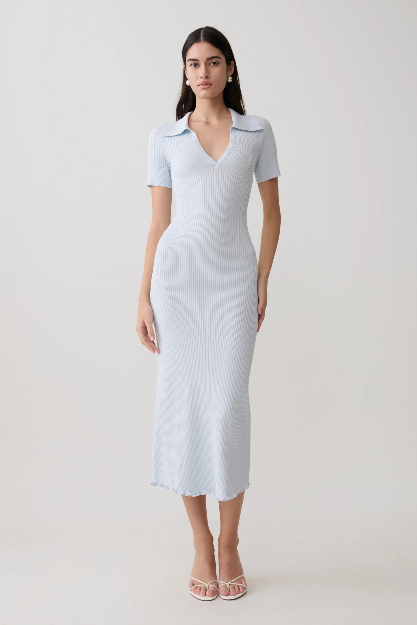 Nichelle Short Sleeve Collared Knit Midi Dress - Light Blue | Meshki UK