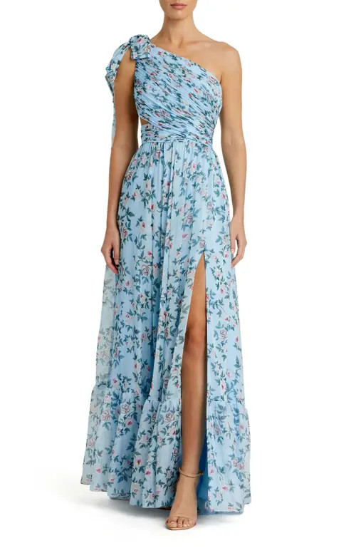 Mac Duggal Women's One-Shoulder Floral Chiffon A-Line Gown in Aqua Multi at Nordstrom, Size 0 | Nordstrom